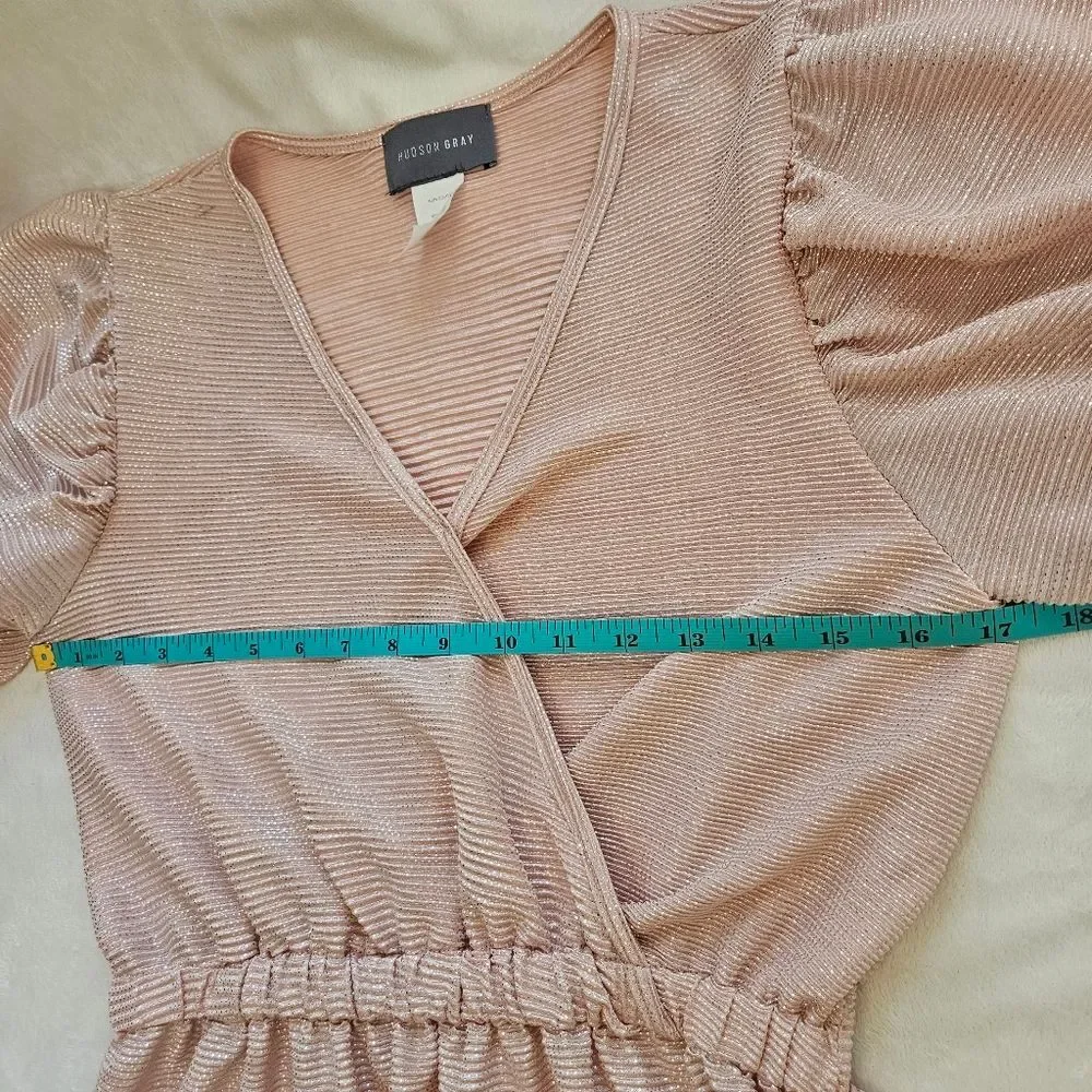 Hudson Gray Faux Wrap Top Women Sz M Glitter Shimmer Pink Balloon Sleeves